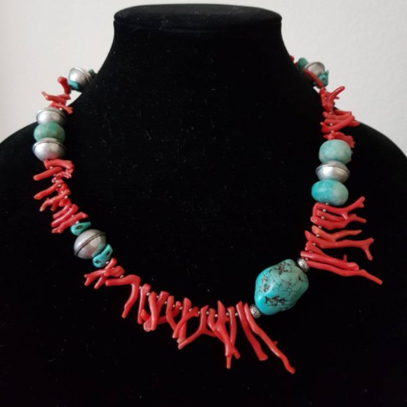 Natural red coral amazonite and howlite turquoise necklace